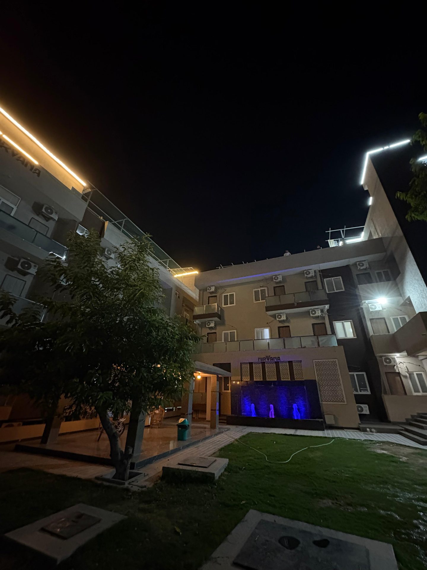 Courtyard illuminated at night